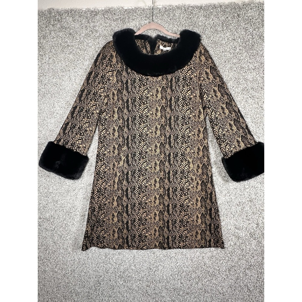 Tyler Böe‎ Animal Print Knit Dress Faux Fur Trim 3/4 Sleeve XL
